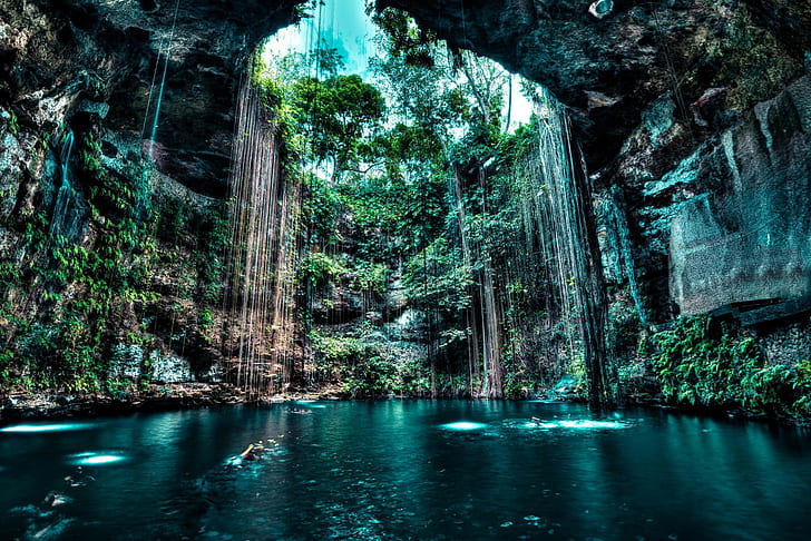 lake, landscape, nature, water, cave, rock, cenotes, trees