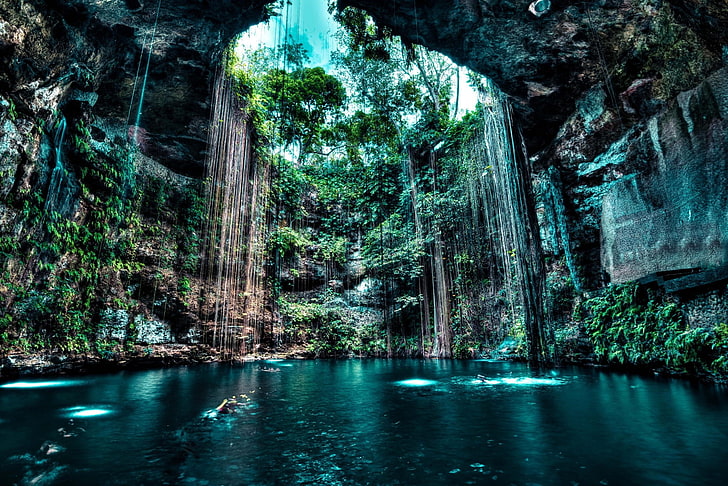 cave pool, nature, landscape, cenotes, lake, rock, water, trees