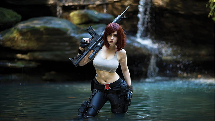 woman holding assault rifle, untitled, Russian, leather, gun, HD wallpaper
