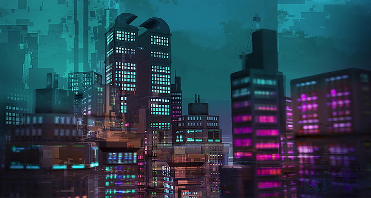 retrowave, purple, pink, blue, cityscape, skyscraper, Retro style