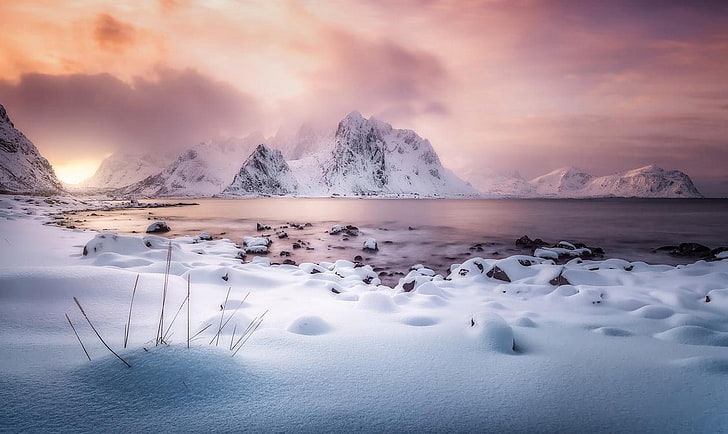 nature, landscape, winter, mountains, snow, sunlight, clouds, HD wallpaper