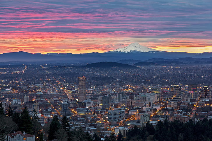 Portland, Oregon, city illustration, sunrise