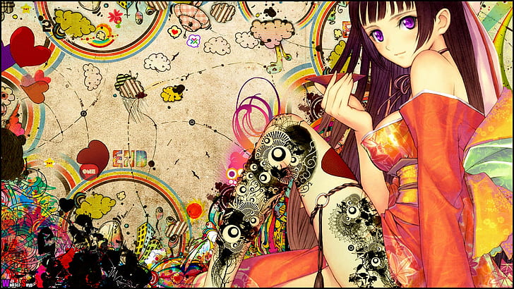 Japanese clothes, sake, manga, black hair, anime girls, kimono, HD wallpaper