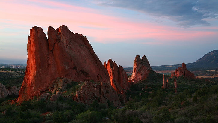 brown rock formation, sunset, sunlight, landscape, nature, mountains, HD wallpaper