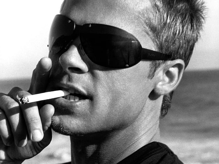 american men brad pitt sunglasses monochrome cigarettes 1024x768  People Actors HD Art