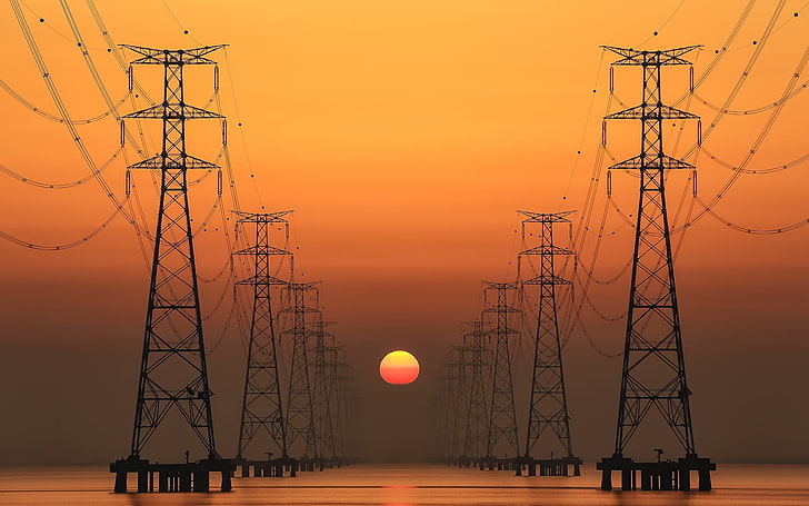 black transmission posts, sunset, power lines, electricity, sky