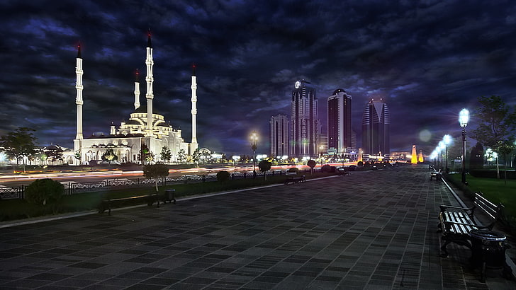gray floor, grozny, chechnya, mosque, park, bench, night, architecture, HD wallpaper