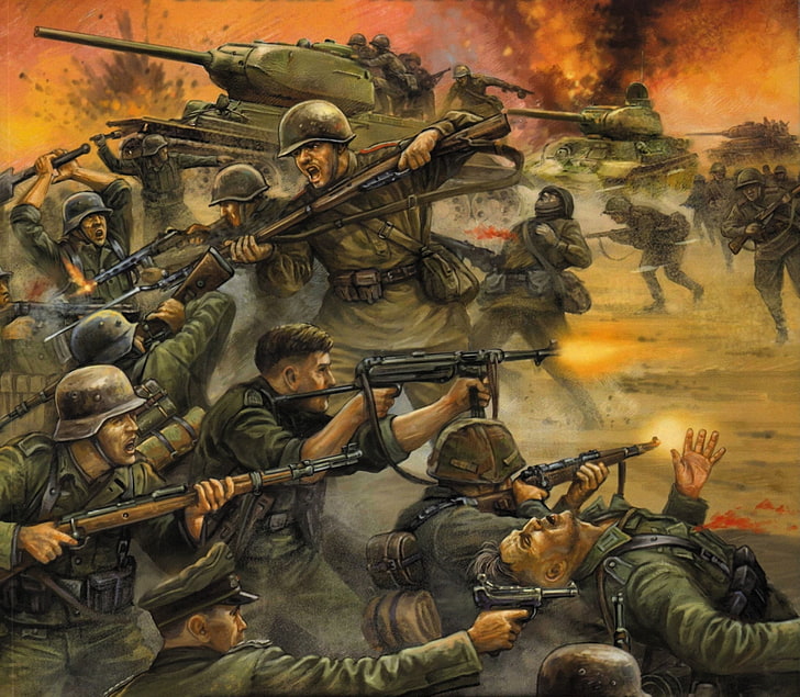 soldier in war painting, weapons, fire, figure, explosions, soldiers, HD wallpaper