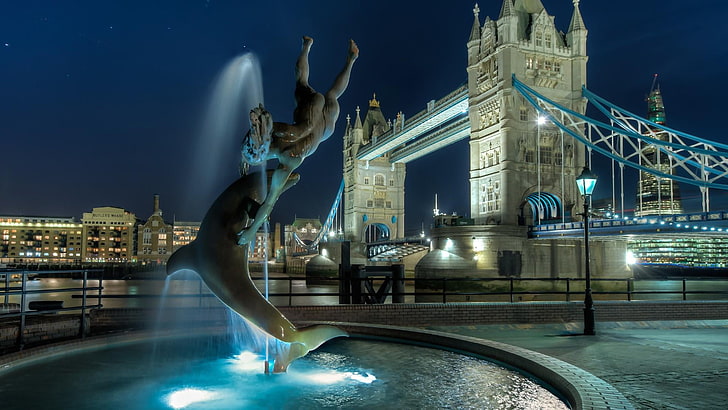 london, europe, bridge, cityscape, night, united kingdom, fountain