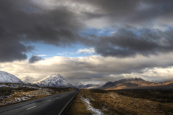 white and blue floral textile, Scotland, road, clouds, mountains, HD wallpaper