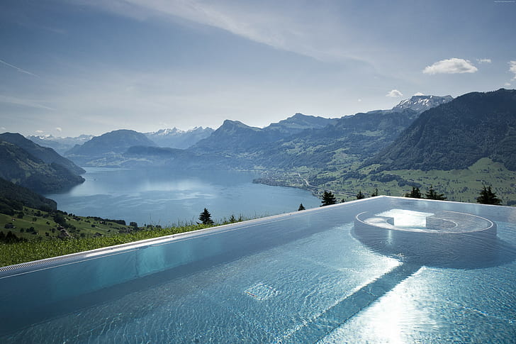 pool, 5k, tourism, travel, 4k, Switzerland, infinity pool, Bürgenstock, HD wallpaper