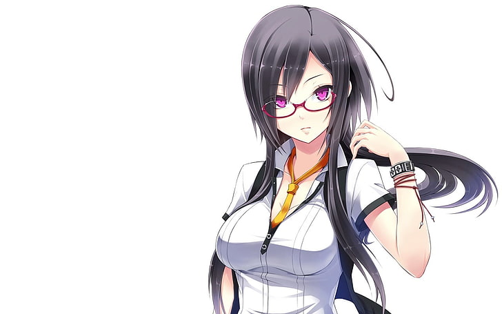 anime, anime girls, white background, glasses, grey hair, red glasses