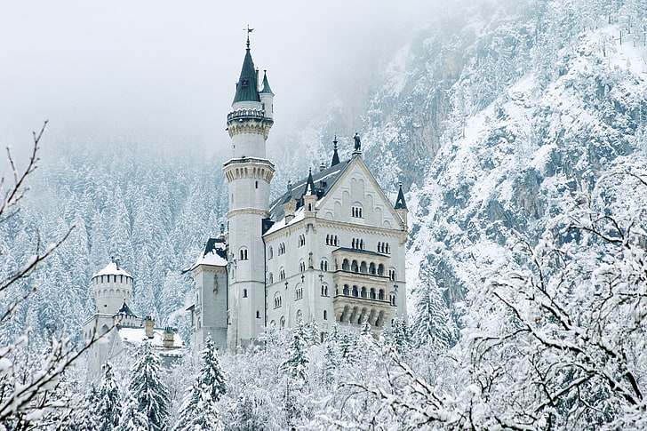 neuschwanstein castle, winter, snow, cold temperature, architecture, HD wallpaper