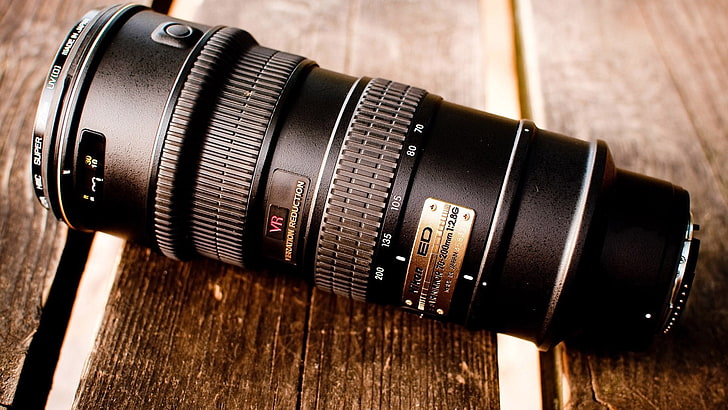 black DSLR lens, camera, closeup, Nikon, wooden surface, technology