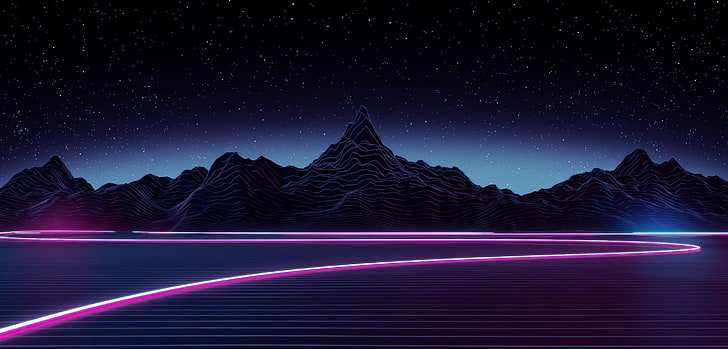 black mountains, The sky, Night, Music, Stars, Neon, Space, Graphics
