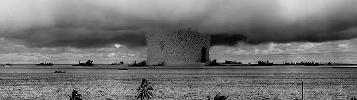 nuclear explosion, Bikini Atoll, multiple display, war, black And White, HD wallpaper