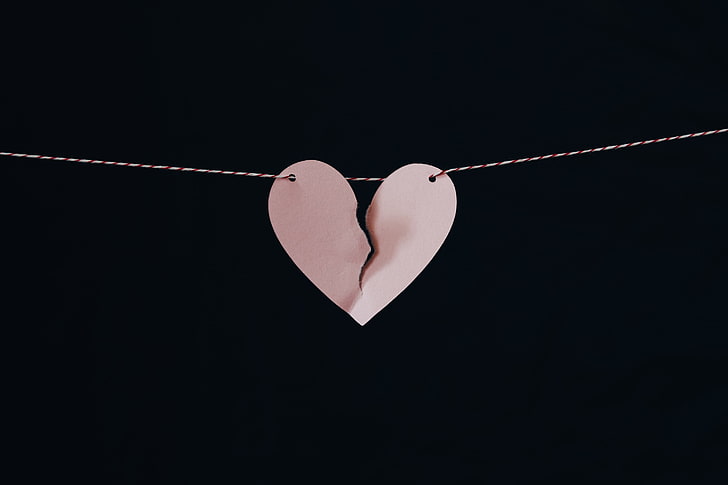 heart-shaped white pendant chain necklace, paper, string, breaking