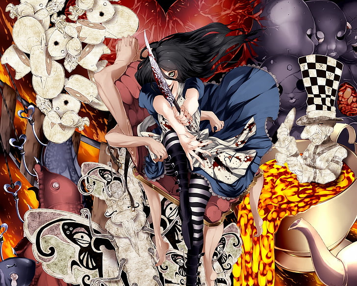 anime character wallpaper, caterpillar, blood, knife, Alice, Hatter