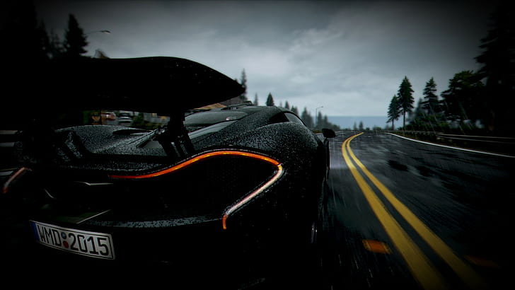 black McLaren P1, black concept car, Project cars, road, winter, HD wallpaper