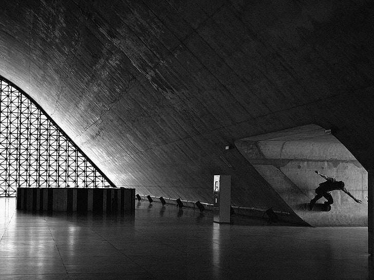 architecture, monochrome, building, Fabiano Rodrigues, skating, HD wallpaper