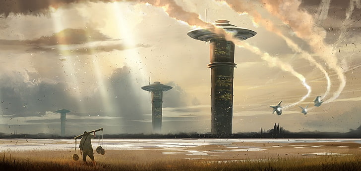 video game screenshot, science fiction, artwork, futuristic, architecture