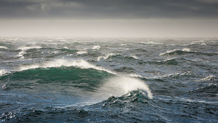 sea, waves, water drops, sky, horizon, HD wallpaper