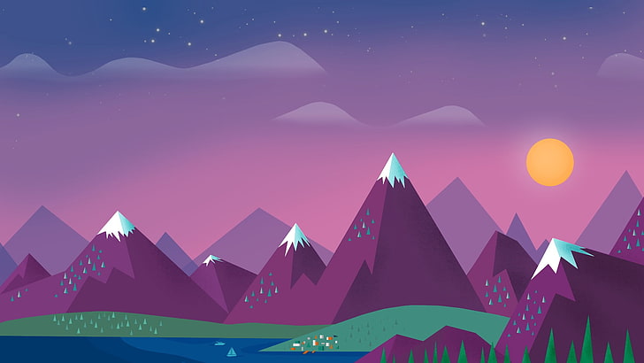 purple mountain illustration, minimalism, sky, clouds, sun, mountains