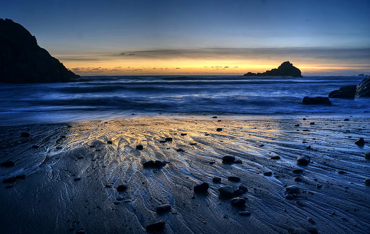 silhouette of mountain near seashore during sunrise, grateful, HD wallpaper
