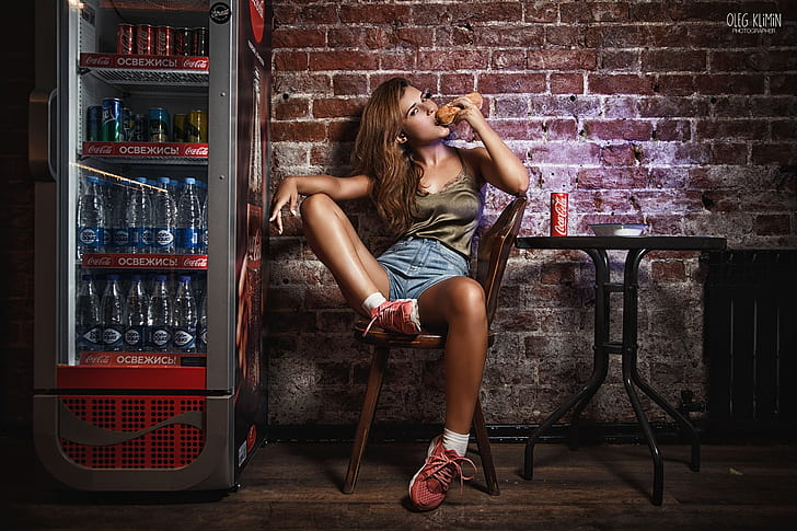 Oleg Klimin, women, legs, food, Coca-Cola, chair, HD wallpaper