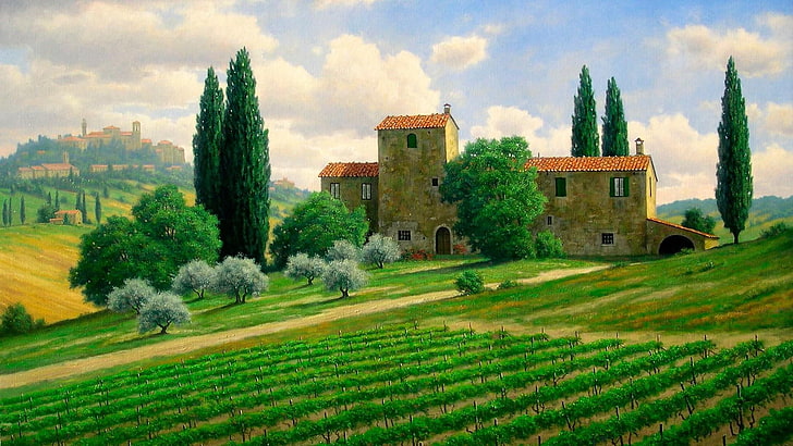 grass, castle, house, cottage, italy, tree, village, meadow