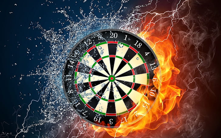 Darts, target, fire, water, spray, smoke, creative pictures, HD wallpaper
