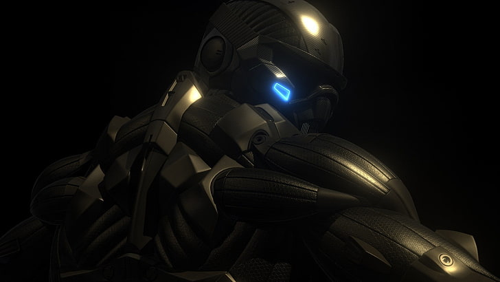 cyborg, robot, Crysis, helmet, headwear, black background, security, HD wallpaper