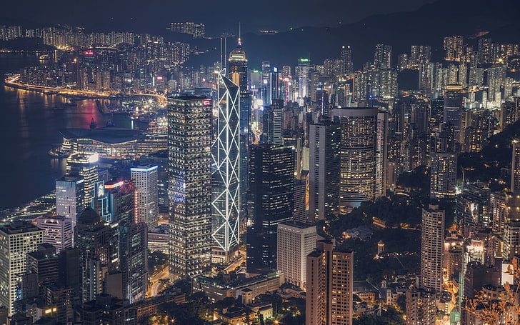Hong Kong City skyline, cityscape, skyscraper, night, lights