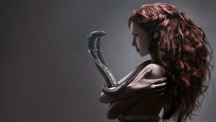 gray snake, redhead, hairstyle, studio shot, one person, young adult