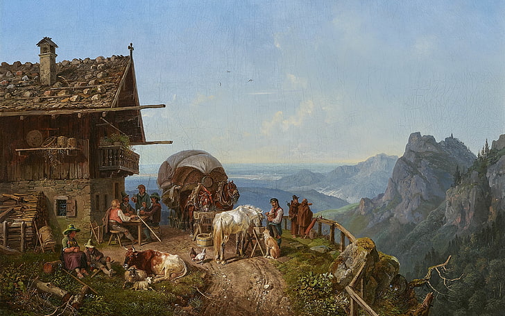 1843, German painter, Tavern in the mountains, Henry Burkel, HD wallpaper