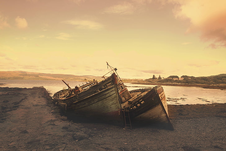 stranded, aground, ships, wrecks, abandoned, beach, nautical vessel, HD wallpaper