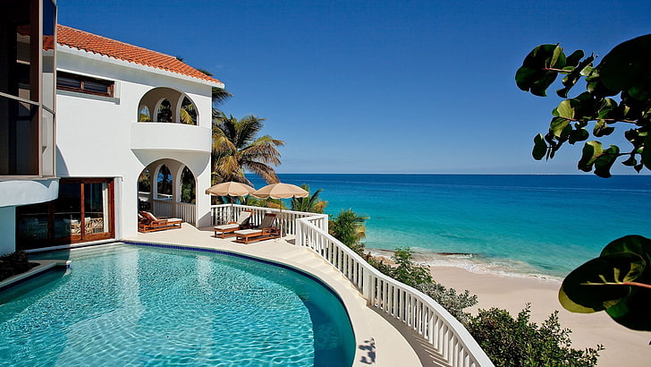 blue swimming pool, sea, beach, hacienda, luxury, vacations, summer, HD wallpaper