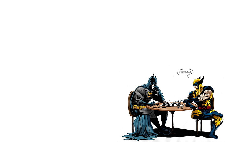 DC Batman and X-Men Wolverine, chess, copy space, representation