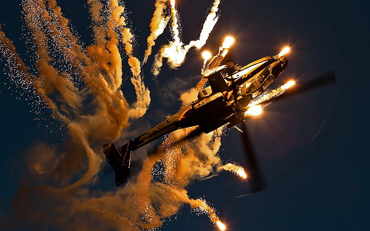 gray helicopter, Boeing Apache AH-64D, helicopters, flares, AH-64 Apache, HD wallpaper