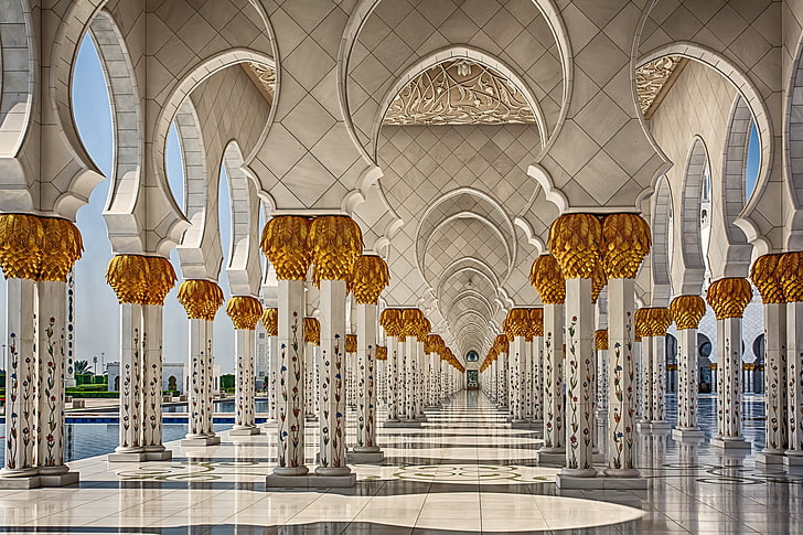 white concrete pillars, architecture, interior, Abu Dhabi, mosque