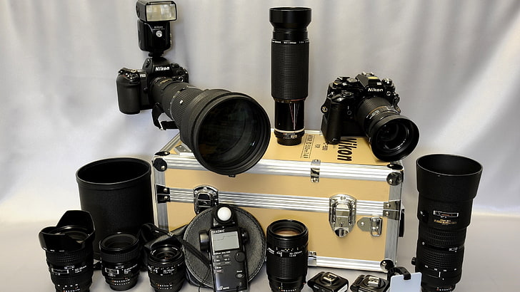two black DSLR cameras, Nikon, lens, photography themes, still life