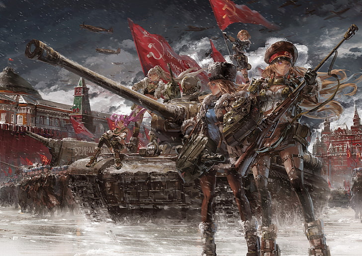 Russia, tank, female soldier, flag, IS-2, KV-2, Panzer Waltz, HD wallpaper