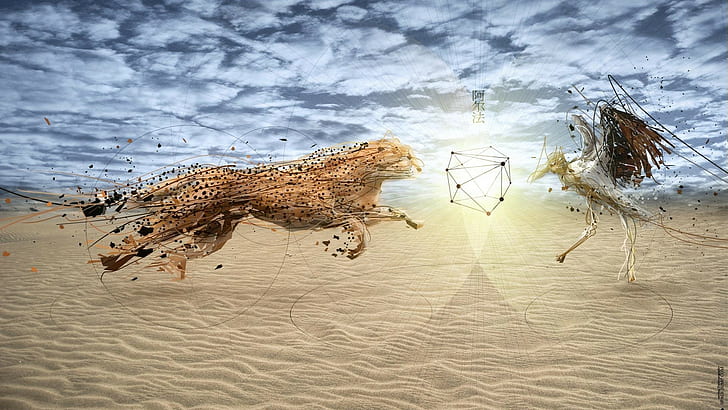 wireframe, clouds, 3D, circle, sand, cheetah, sun rays, dots