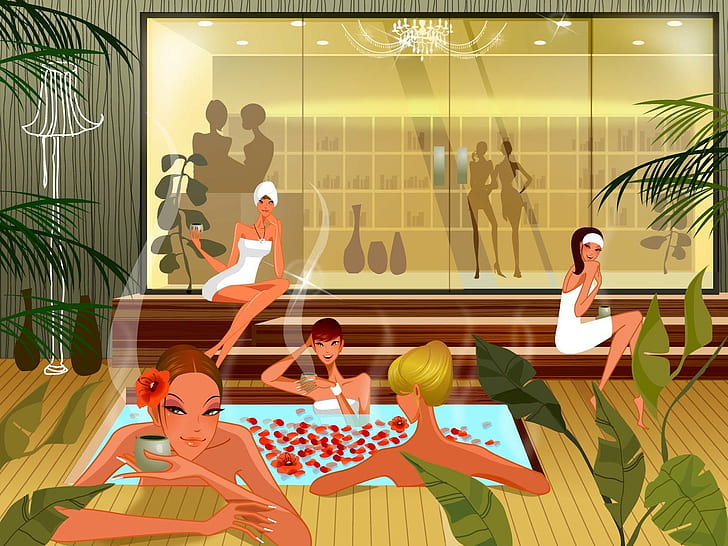 nude sauna cartoon, group of people, women, sitting, adult