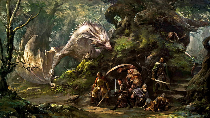 white dragon digital artwork, fantasy art, tree, nature, animals in the wild