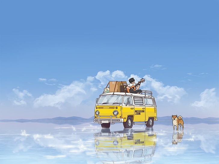 vintage yellow minivan beside dog, anime, lake, sky, mountains, HD wallpaper