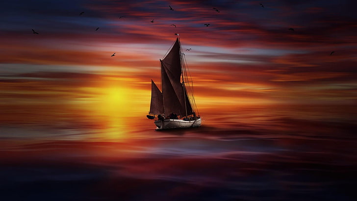 boat, digital art, fantasy art, sky, sunset, sea, sailing ship