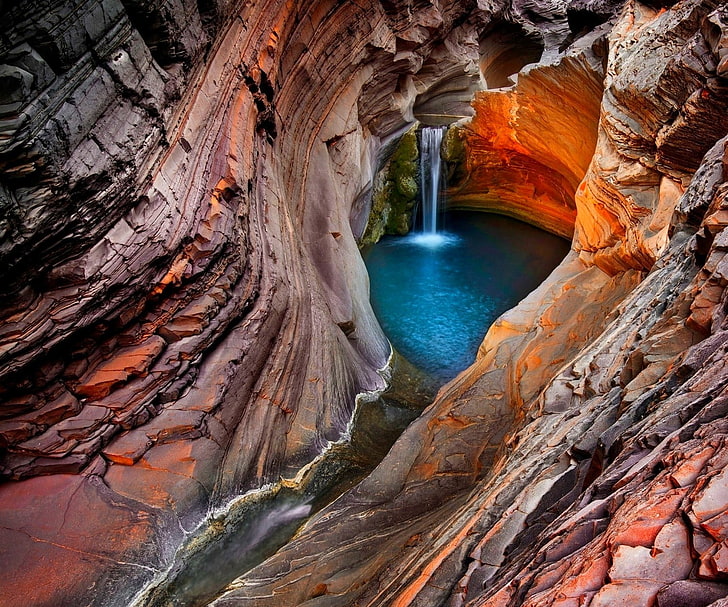 red and brown cave painting, nature, landscape, waterfall, canyon