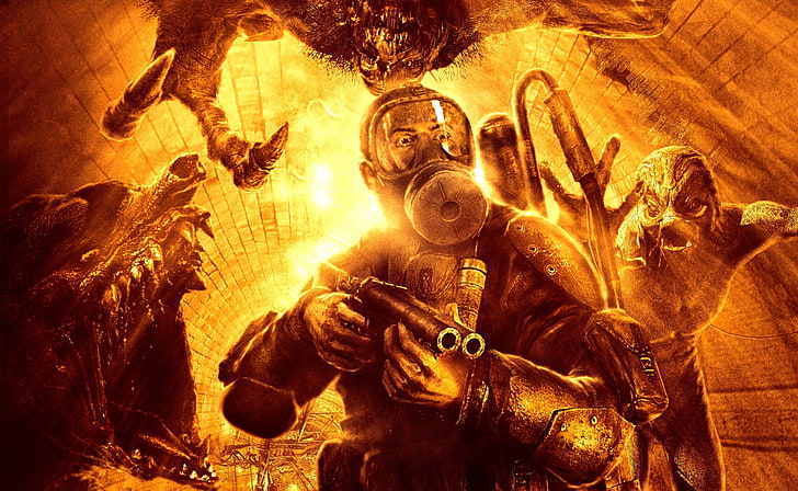male character wearing gas mask holding rifle illustration, Metro 2033