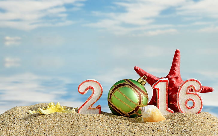 New Year 2016 figures, white and red 2016 candles, beach, sand, HD wallpaper